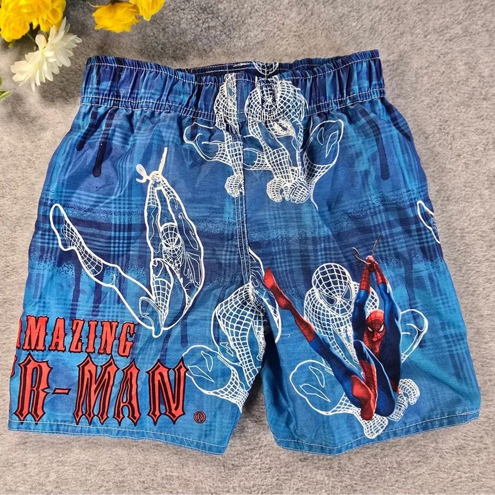 Marvel The Amazing Spiderman Boys Blue Plaid Swim Trunks Size 2T 2007 Vintage